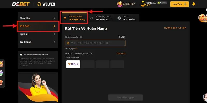 Hướng dẫn từng bước rút tiền từ nhà cái Debet