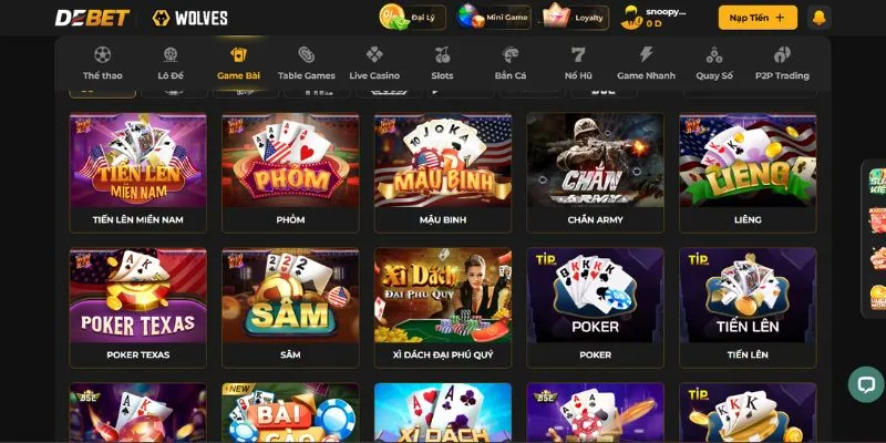 Tổng quan về sảnh game bài Debet